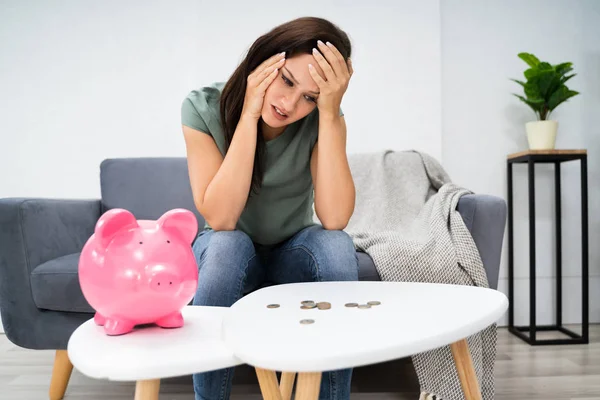 Young Unhappy Woman Emptying Her Piggybank Savings Less Expected Home — Stock Photo, Image