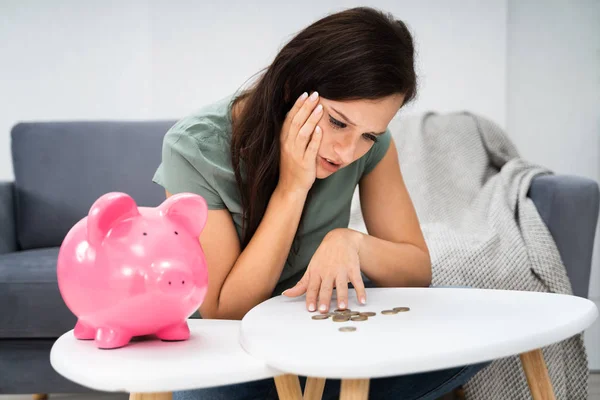 Young Unhappy Woman Emptying Her Piggybank Savings Less Expected Home — Stock Photo, Image