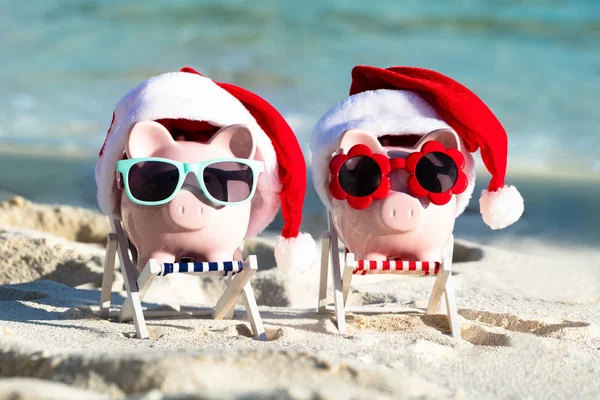 Nahaufnahme Von Zwei Rosafarbenen Sparschweinen Mit Verschiedenen Sonnenbrillen Und Weihnachtsmützen — Stockfoto