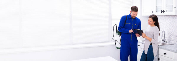 Happy Woman And Pest Control Exterminator And Maintenance Worker