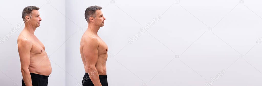 Side View Of A Mature Man Before And After Loosing Fat On White Background. Body shape was altered during retouching