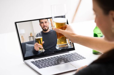 Online Virtual Beer Drinking Party On Laptop clipart