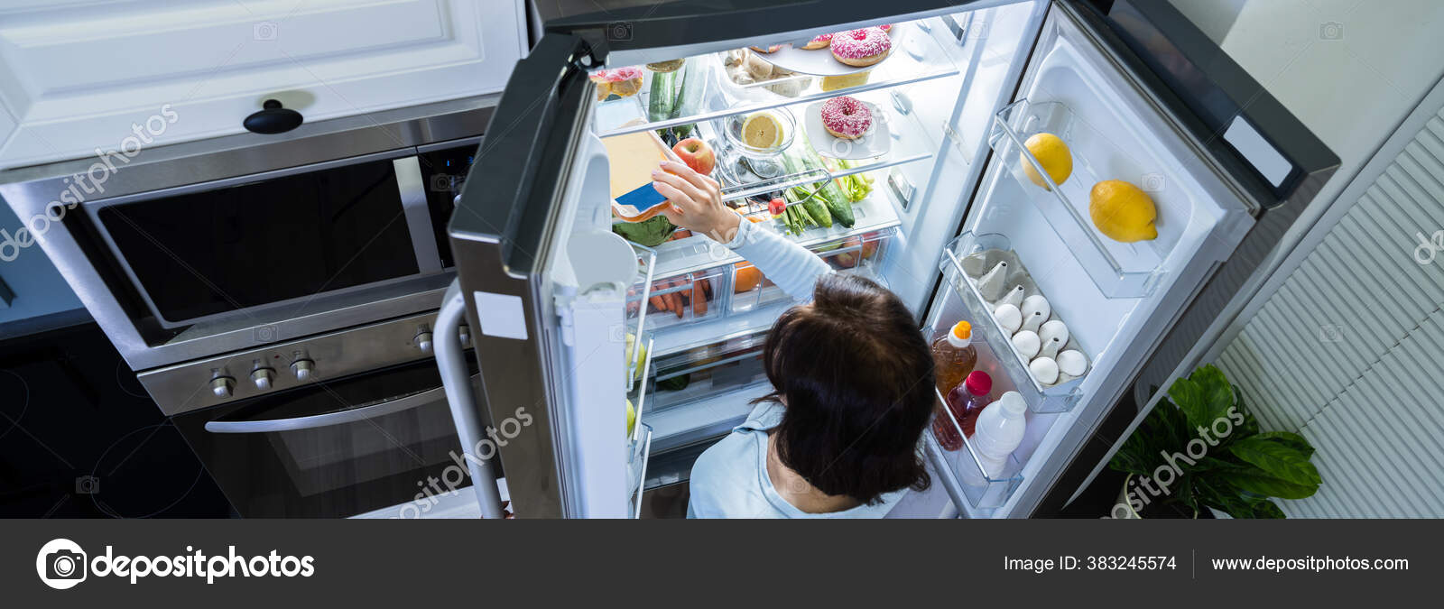 Hungry Woman Night Open Fridge — Stock Photo © AndreyPopov #383245574, image size:1600x675