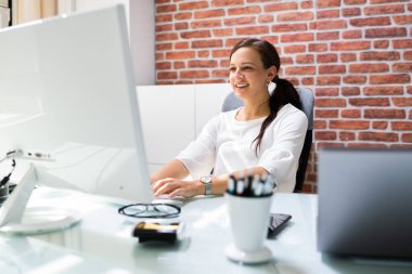 Mutlu Profesyonel Kadın Çalışanlar Çalışmak için Bilgisayar Kullanıyor