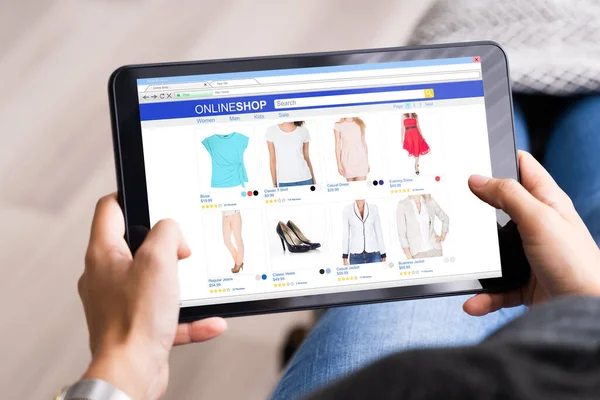 Online Shopping Searching Clothes Tablet Internet Store — Stock Photo, Image