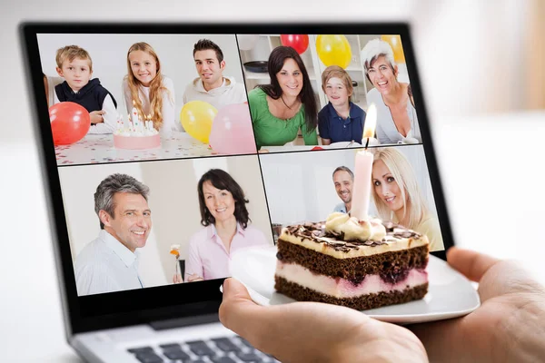 Online Birthday Party Video Conference Call Laptop — Φωτογραφία Αρχείου