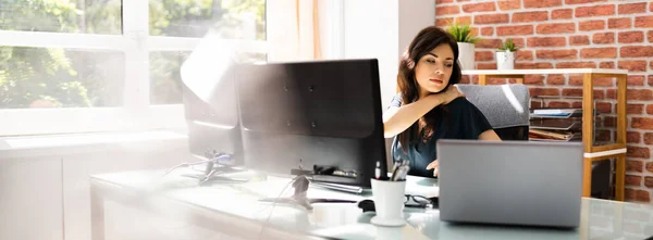 Neck Pain While Working Computer Bad Posture Stress — Stock Photo, Image