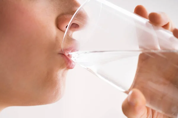 Thirsty Woman Drinking Water Glass Close — Stock Photo, Image