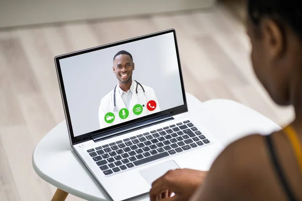 Online Videoconference Laptop African Doctor — Stock Photo, Image