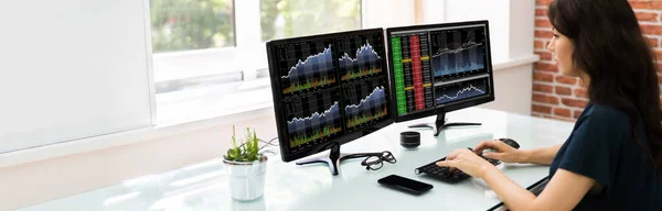 Stock Analyst Working Multiple Computer Screens — Stock fotografie