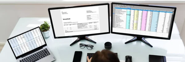 Analyst Working Spreadsheet Computer Screen — Stock Photo, Image