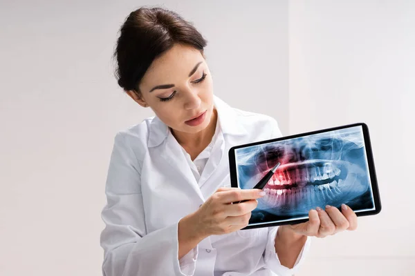 Dentista Usando Tecnología Tableta Digital Para Los Dientes Rayos — Foto de Stock