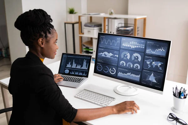 Africano Americano Dados Negócios Analista Mulher Usando Computador — Fotografia de Stock