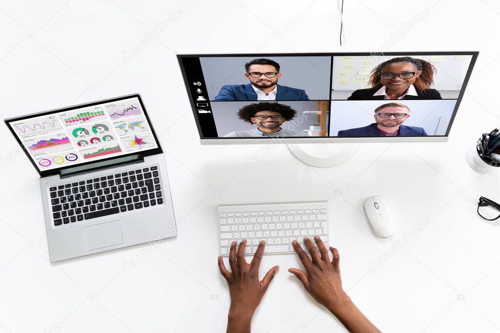 Watching Video Conference Business Webinar On Computer