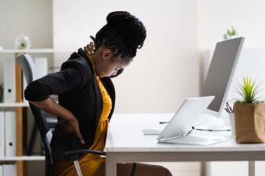 Back Pain Bad Posture Woman Sitting In Office clipart