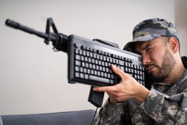 Social Cyber Warfare. Army Soldier Using Computer Keyboard clipart