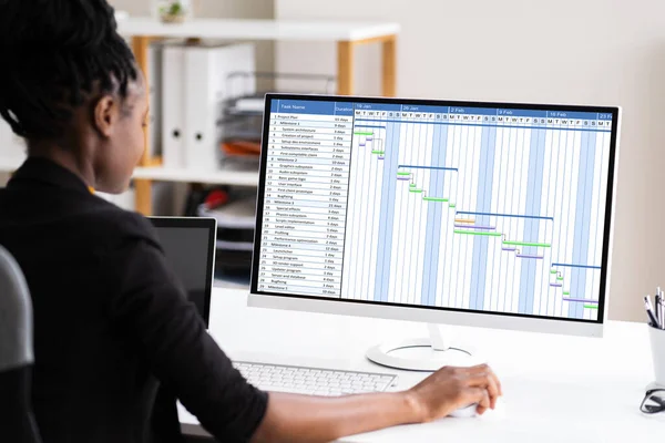 Femme Affaires Africaine Utilisant Diagramme Gantt Entreprise Sur Ordinateur — Photo