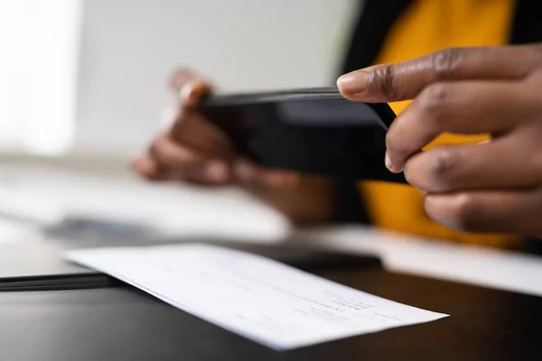 Remote Check Deposit Taking Photo Mobile Phone — Stock Photo, Image