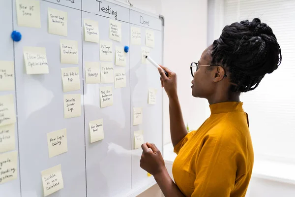 Afro Amerikaanse Vrouw Schrijft Kanban Plan Aan Boord — Stockfoto