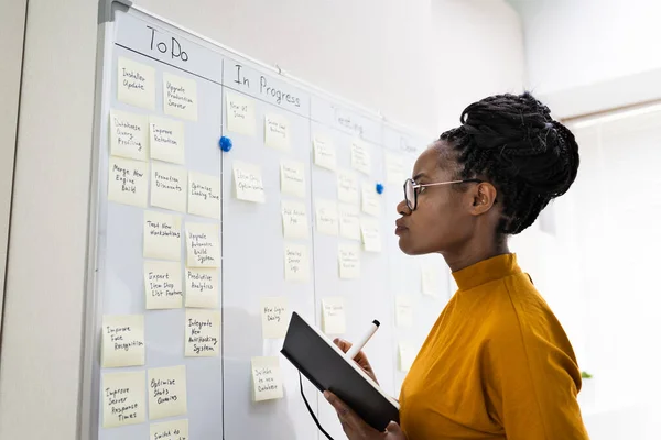 Mujer Afroamericana Escribiendo Plan Kanban Bordo —  Fotos de Stock