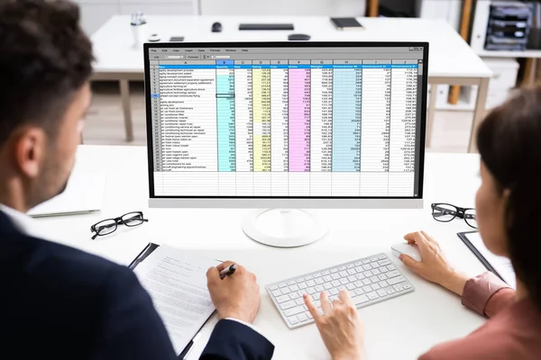 Analyst Employee Working Spreadsheet Using Desktop Computer — Stock Photo, Image