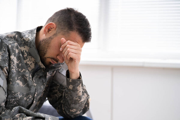 Army Military Soldier In Uniform With PTSD Stress