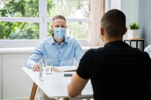 Job Interview Business Meeting Law Office Wearing Face Mask — Stock Photo, Image