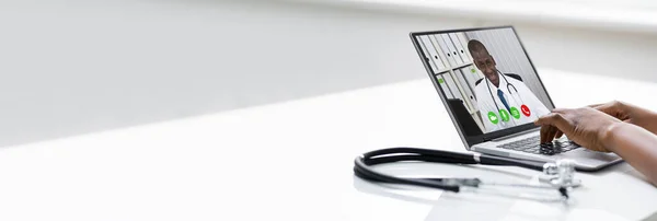 African American Doctor Video Conference Call Computer — Stock Photo, Image