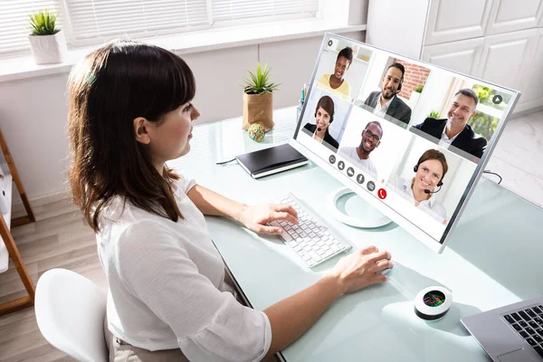 Mulher Videoconferência Chamada Negócios Reunião Videoconferência — Fotografia de Stock