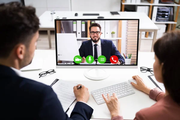 Riunione Videoconferenze Online Sul Computer Ufficio — Foto Stock