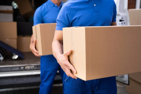 Camionneurs Chargement Van Boîtes Transport Déménagement — Photo