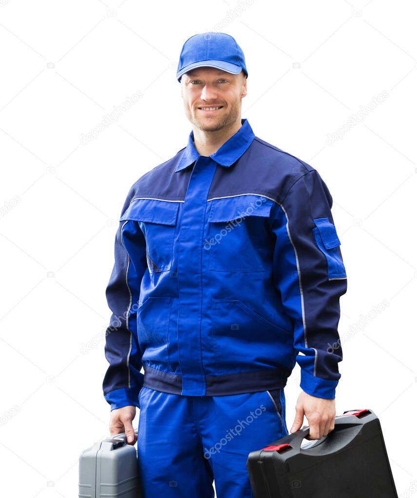 Isolated Happy Tradesman Construction Worker Man In Overall