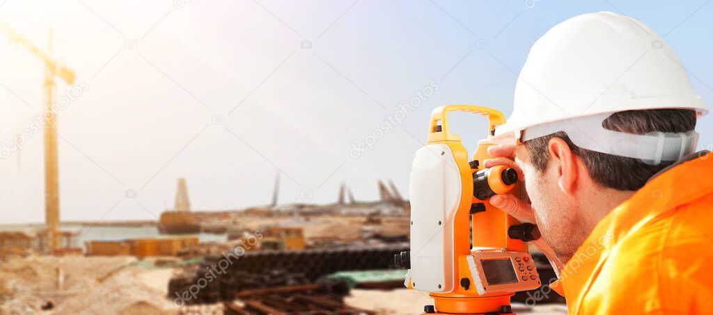 Land Surveyor With Theodolite Engineering Equipment Construction Inspection