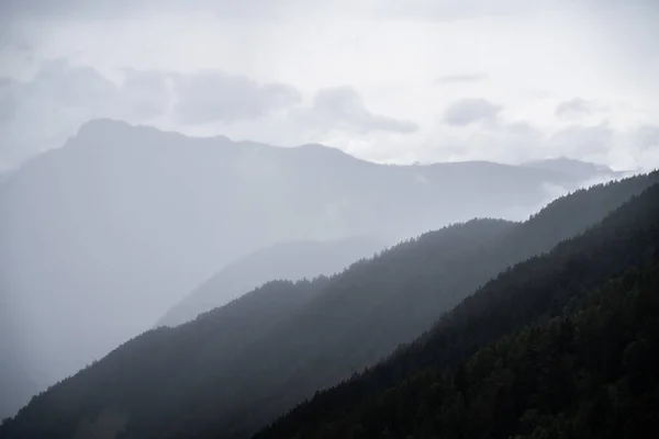 Gray Dark Mountain Landscape With Fog And Clouds