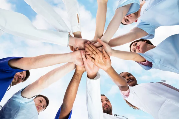 Diverse Medical Team Staff Hands Stack Outdoors — Stock Photo, Image