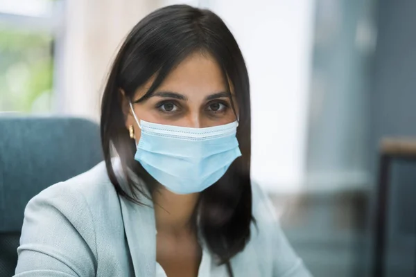 Office Center Receptionist Woman With Medical Mask