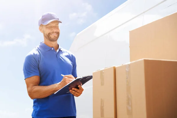 Professional Van Courier Unloading Boxes Truck — Stock Photo, Image