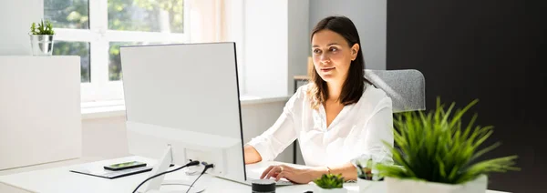 Mujer Negocios Segura Escritorio Oficina Trabajo — Foto de Stock