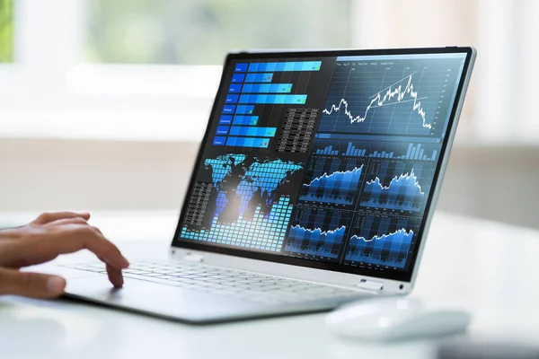 Kpi Analytics Gráficos Bolsa Valores Laptop — Fotografia de Stock