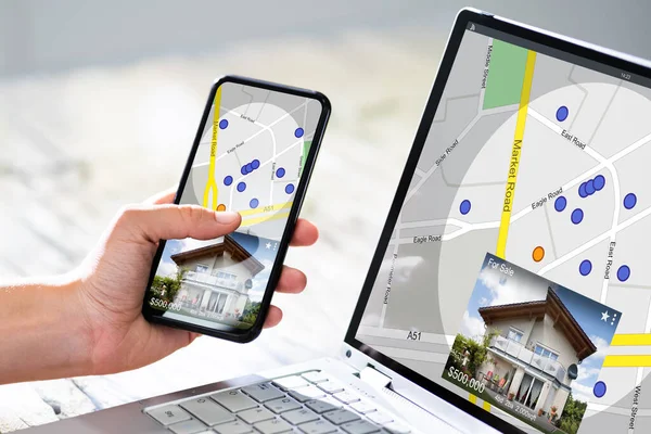 Woman Searching Real Estate Online Mobile Phone — 스톡 사진