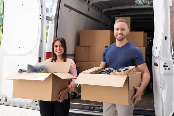 Couple Moving Boxes Van Truck Together Outdoors — Stock Photo, Image