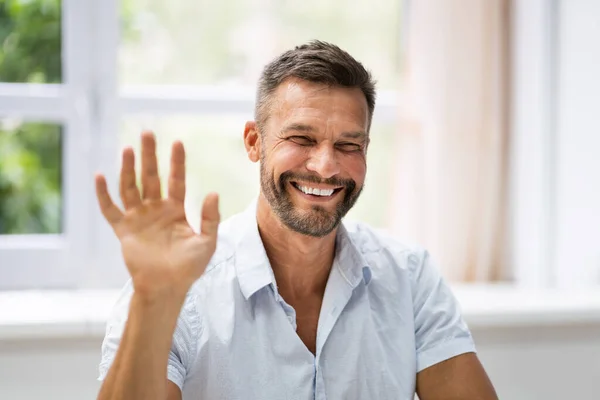 Man Portrait Waving Hello Video Conference — Stock fotografie