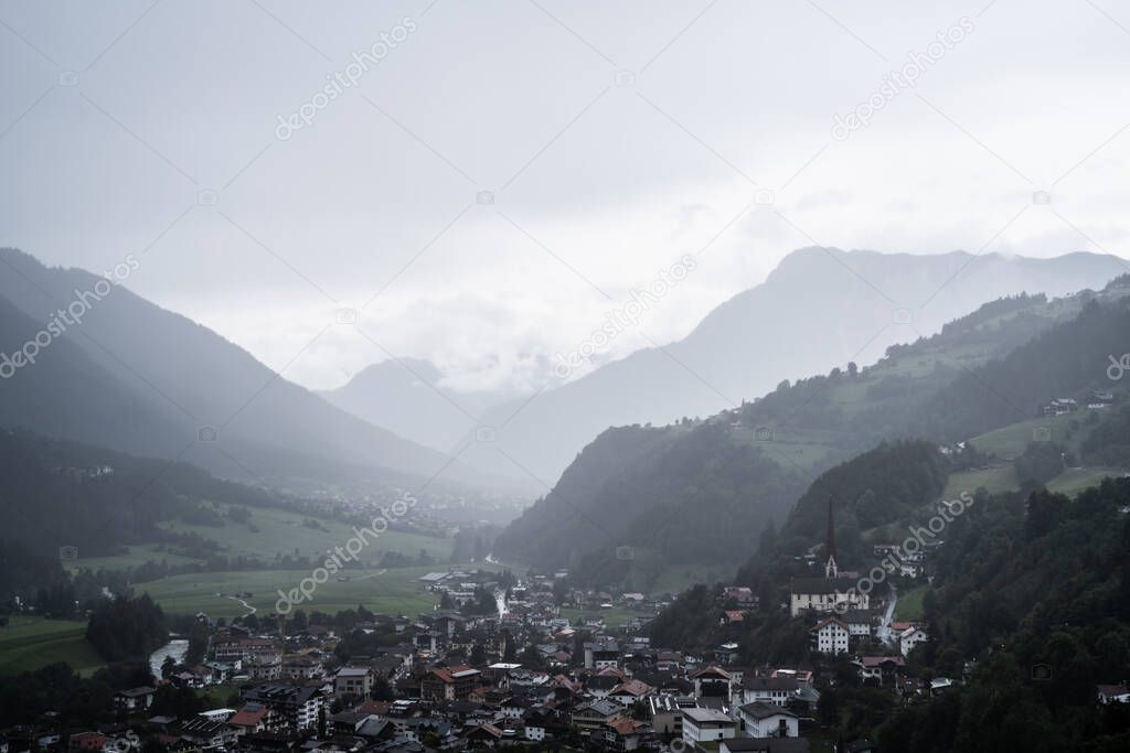 Gray Dark Mountain Landscape With Fog And Clouds
