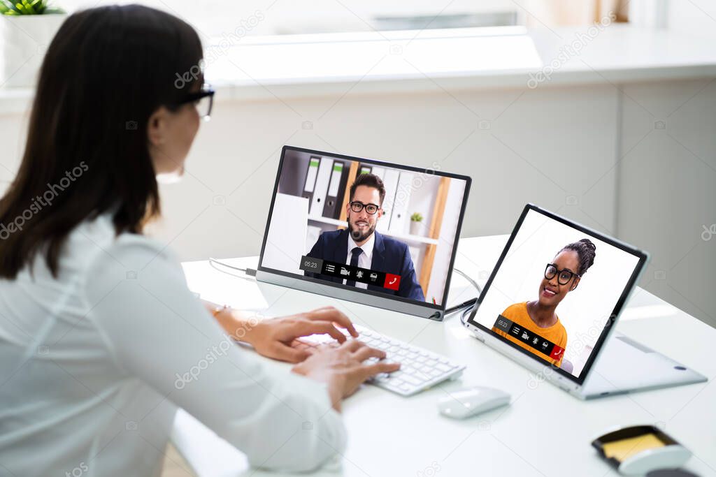 Video Conferencing Webinar Meeting. Watching Online On Multiple Screens