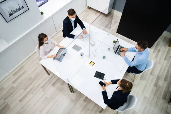 Face Mask Office Social Distancing Meeting Interview — Stock Photo, Image