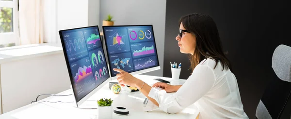 Analyst Women Looking Kpi Data Computer Screen — 스톡 사진