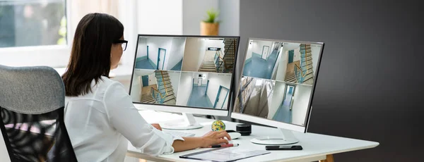 Geschäftsfrau Beobachtet Cctv Aufnahmen Des Büroinnenraums Computer Arbeitsplatz — Stockfoto