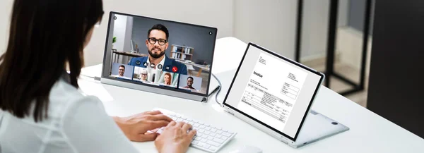 Video Conferencing Webinar Meeting Watching Online Multiple Screens — Stock Photo, Image