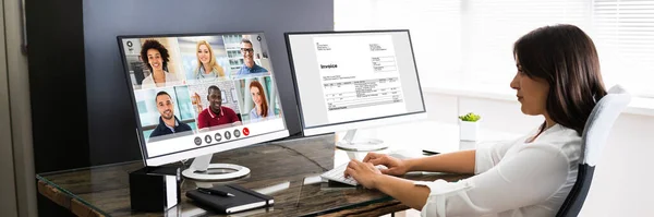 Video Conferencing Webinar Meeting Watching Online Multiple Screens — Stock Photo, Image