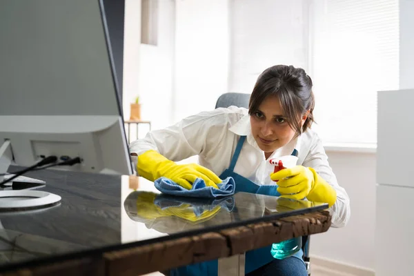 Janitor Cleaning Office Desk Hygiene Cleaner Service — Stock Photo, Image